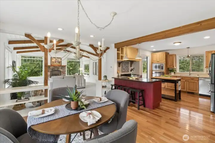 Dining room flows to the kitchen and large family room.