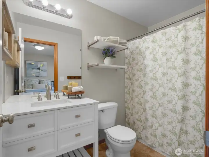primary bathroom, featuring a stylish new vanity that adds a modern touch to the space. primary bathroom, featuring a stylish new vanity that adds a modern touch to the space.