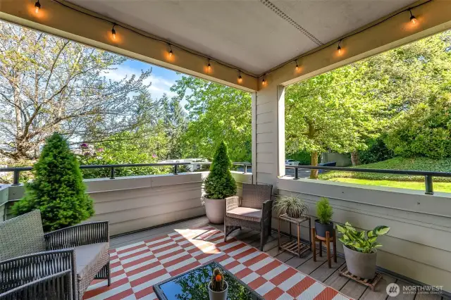 The covered deck is the perfect outdoor entertaining space providing peaceful views of the Cascade range on a clear day