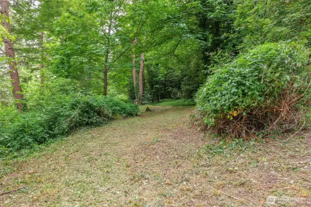 Lush trees and shrubs maintain privacy.