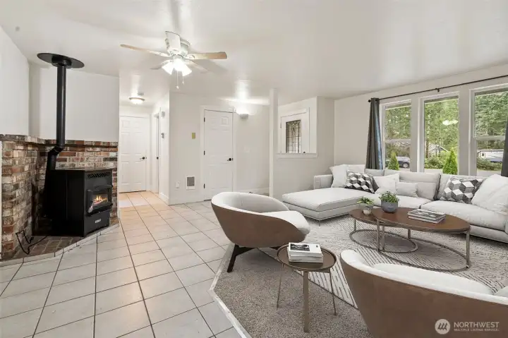 Pellet stove heats the entire house and was recently serviced.