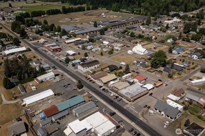 Main St in Mossyrock with schools at top.