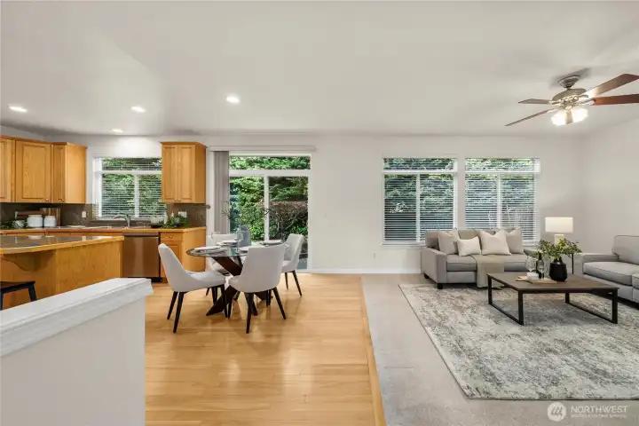 Ideal space for relaxing or entertaining. Large windows frame backyard views.