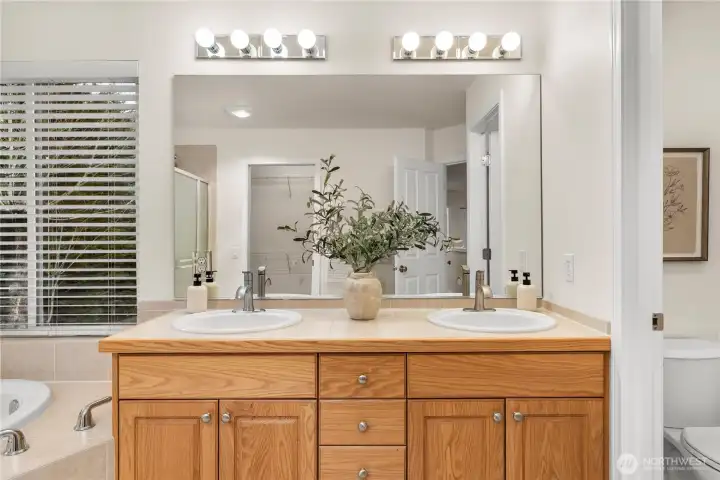 Dual vanities provide space and function.