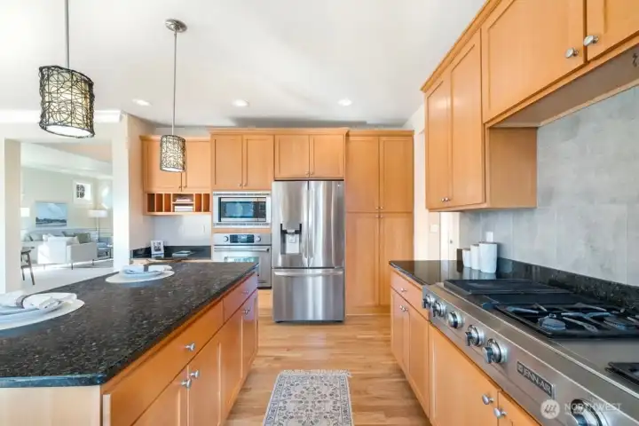 Professional size Jenn-air gas range, quality stainless appliances, granite counter with lots of prep space