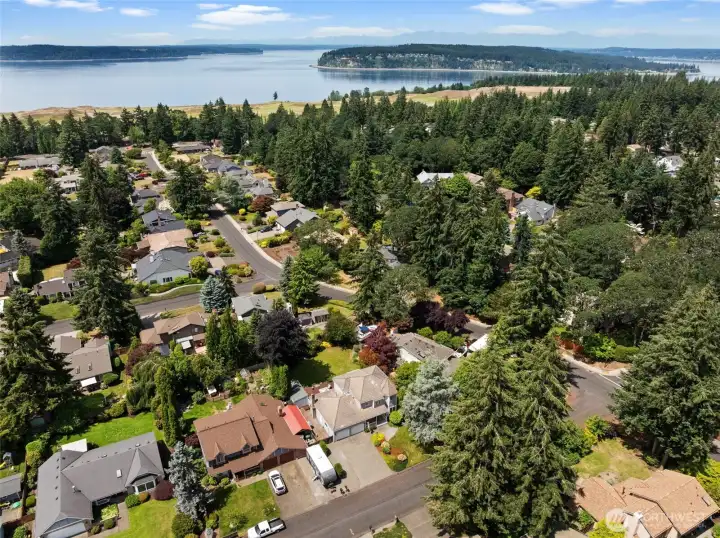 Bird’s-eye perspective showcases the neighborhood setting and proximity to the water.