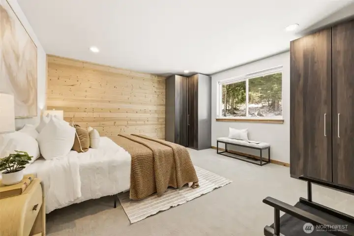 Featuring woodland views, plush carpet, and built in cabinets