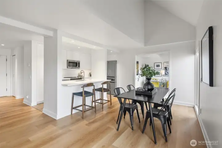 A vaulted ceiling crowns the dining area.