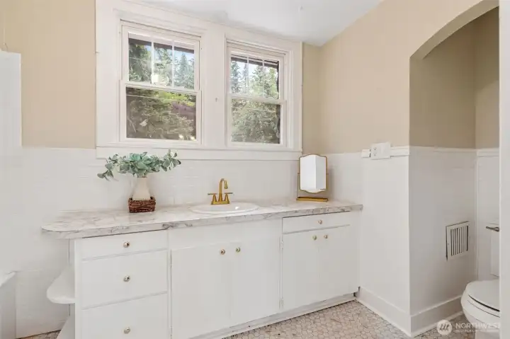 Upper floor bathroom with large vanity. Upper floor bathroom with large vanity.