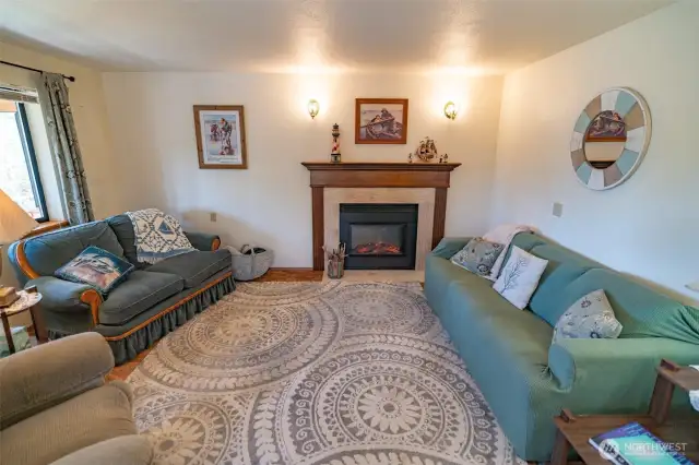 Living room with brand new electric fireplace.