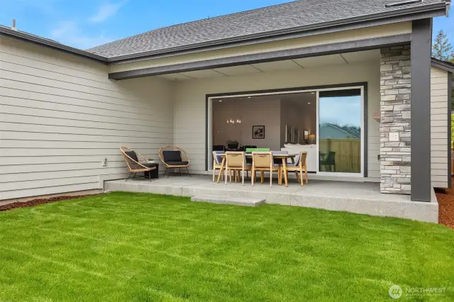 Rear yard and covered patio showing multi stack slider door and exterior fireplace