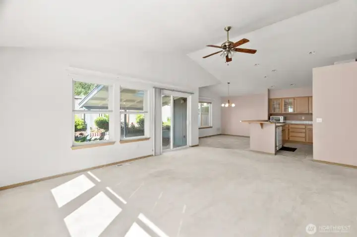 view from great room to dining area & kitchen