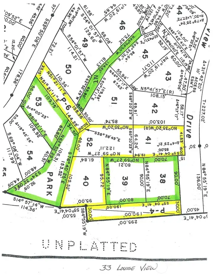 Plat Map Showing All Access Points.  Lots in Green are "green-belted" lots or Park owned by SVCA.