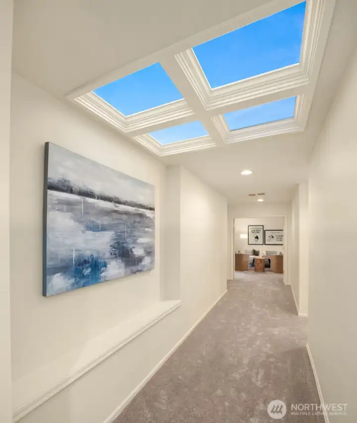 Second floor of home with bright skylights above.