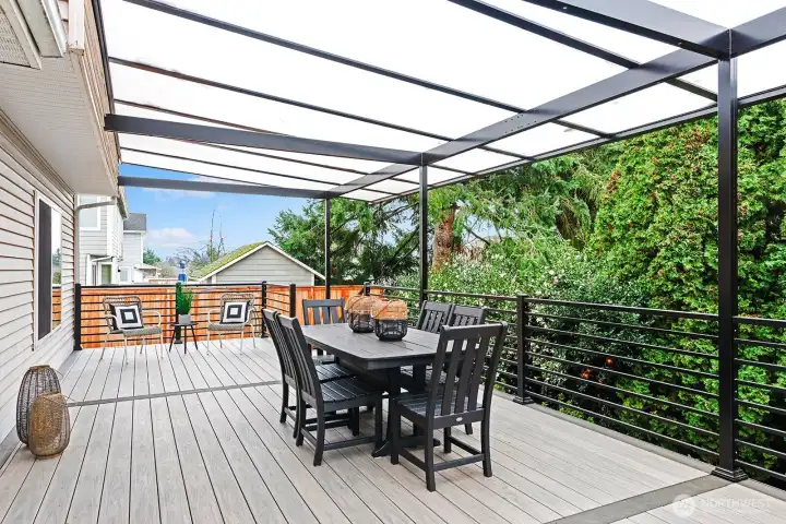 $200K back yard upgrades include custom built deck with awning (deck has embedded LED lighting).
