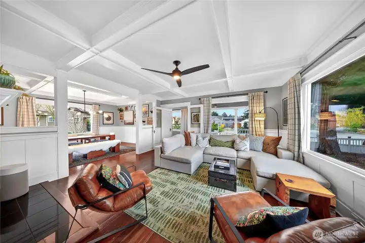 Box and beam ceiling details in the living and dining lend old home charm to this updated home.