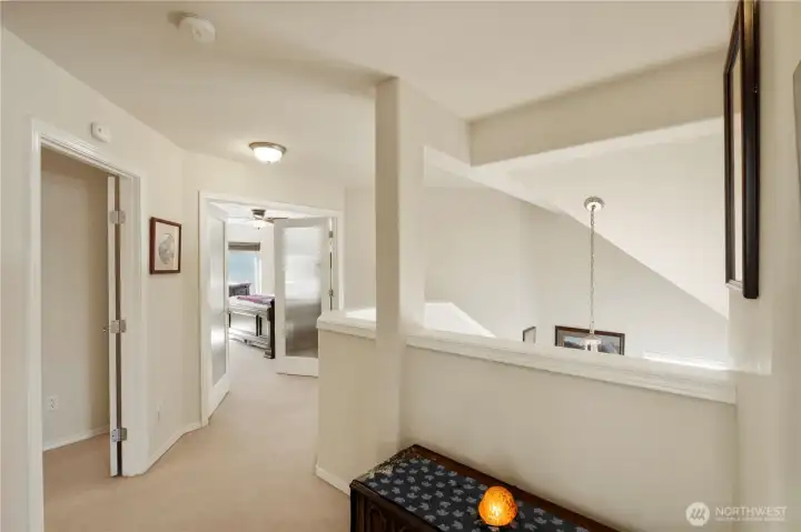 Top of the stairs with French Doors leading to your beautiful Primary Suite :)