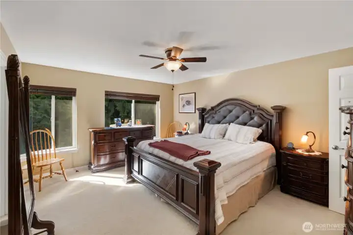 Primary Suite has 2 closets and large windows for plenty of natural lighting .