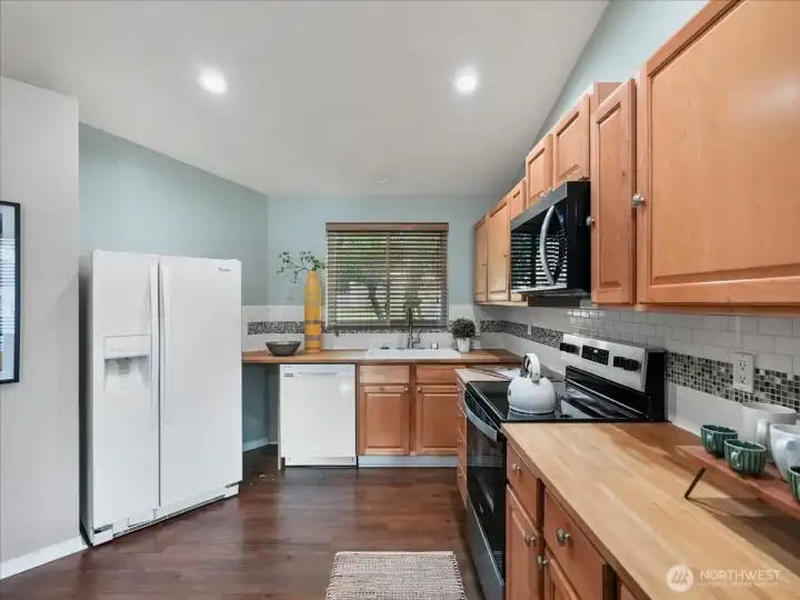 Butcher block counters add charm and function.