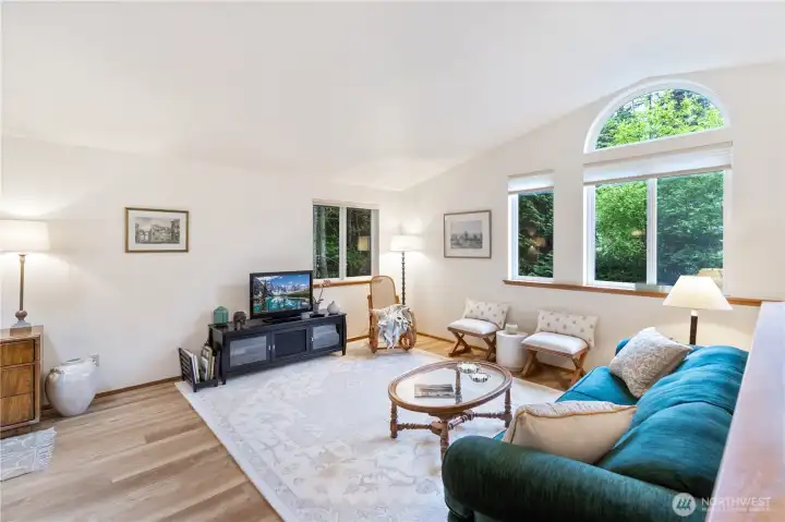 Main floor living room, vaulted ceilings, skylight and lots of windows  keep this home light filled all day.