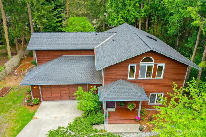 Drone shot showing a clean roof and gutters.