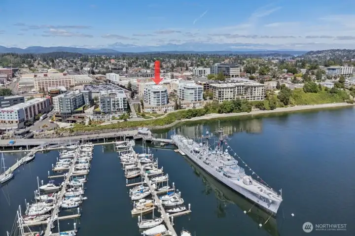 Downtown Bremerton, Bremerton Marina, USS Turner Joy Museum and the Olympic Mountains.