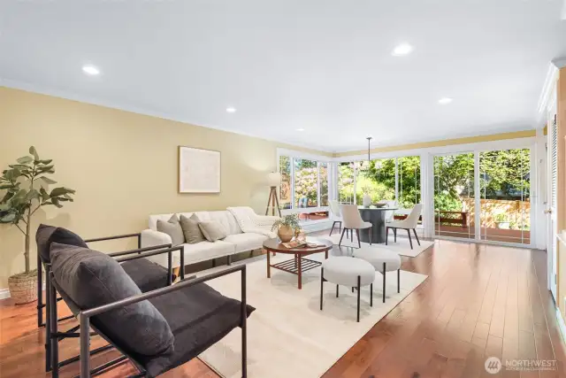 TV room with breakfast nook at the back.