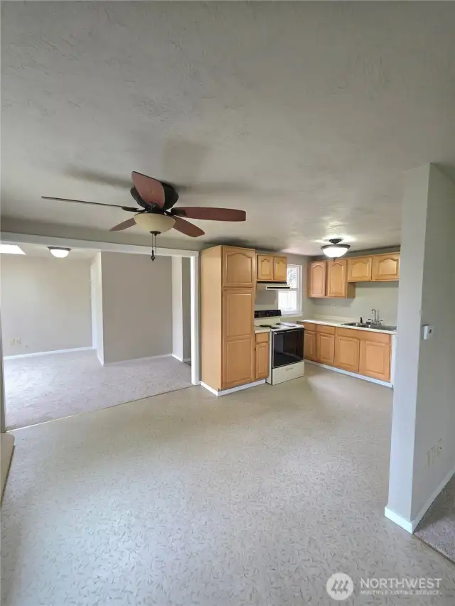 View of Kitchen w/ space for dining and family room