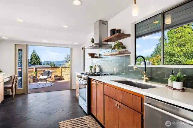 Refreshed teak cabinets and custom tilework