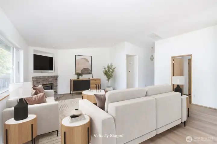 Living room w/ gas fireplace.