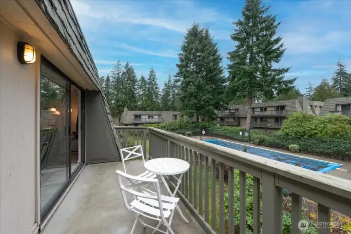 Extra-long deck overlooks the pool.
