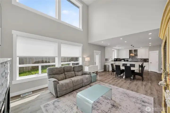 The open layout leads right into the dining and kitchen area.
