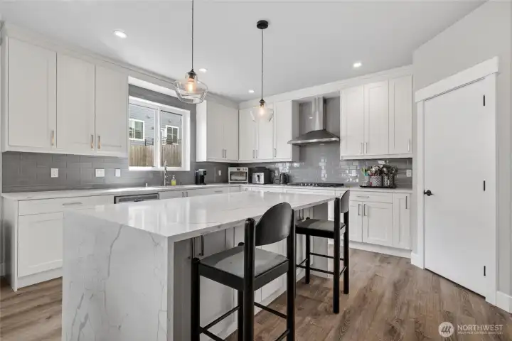 Look at that waterfall quartz counter! and a walk-in pantry through the door on the right.