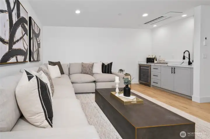 Media room with wet bar & beverage refridgerator downstairs