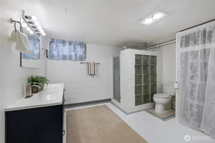 Walk in shower and plenty of storage.