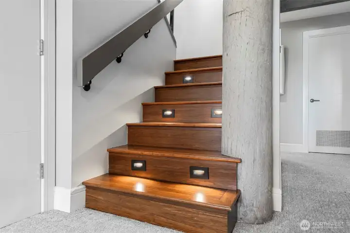 Custom well lit stairs up to main floor Custom well lit stairs up to main floor