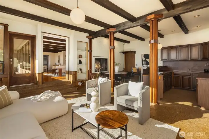 Exposed posts and beams add drama to the room. A Kitchenette allows for layered entertaining. Open the door to the covered patio to bring the fun outside. Exposed posts and beams add drama to the room. A Kitchenette allows for layered entertaining. Open the door to the covered patio to bring the fun outside.