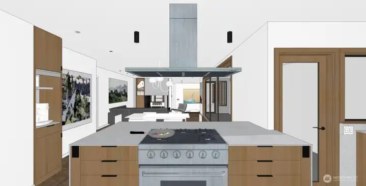 Rendering highlighting a potential kitchen open to the living area. Rendering highlighting a potential kitchen open to the living area.