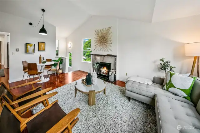 Cozy living room with wood burning fireplace