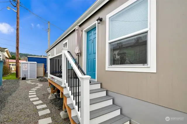 The front steps and deck are composite decking