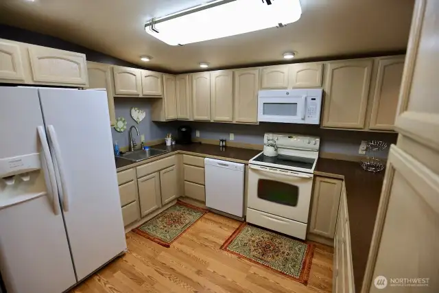 The kitchen in the apartment is large and modern