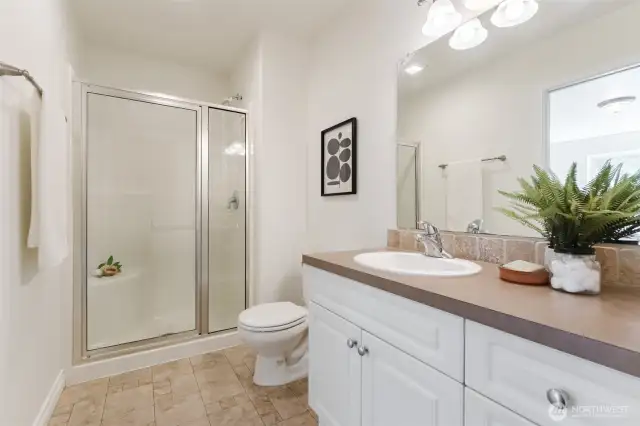 The no-step shower provides convenience