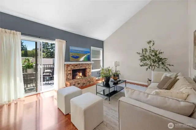 Light and bright living room with soaring vaulted ceilings