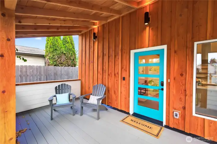 Fron Patio featuring rough cut cedar.