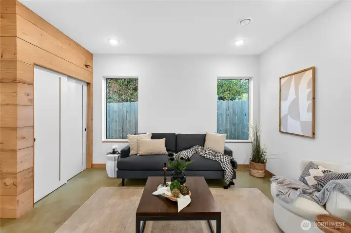 Living room showing closet.