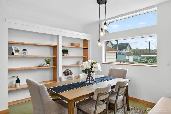 Open shelved pantry off of the kitchen.