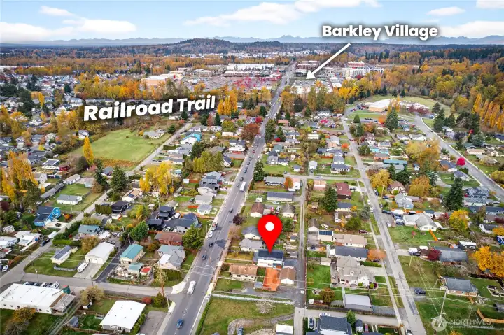 Arial image of the home's proximity to Railroad Trail & Barkley Village.