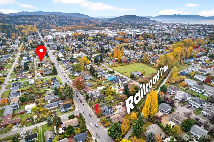Arial view of the neighborhood from Railroad Trail, looking South West back towards the home and Bellingham.