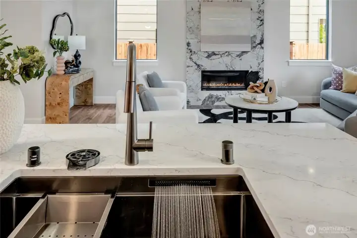 Work station sink with cup rinse & vegetable washer included standard! (model home lot 1A, colors may vary)