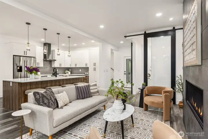 The flow from the kitchen, dining, living and office space is a great use of space.